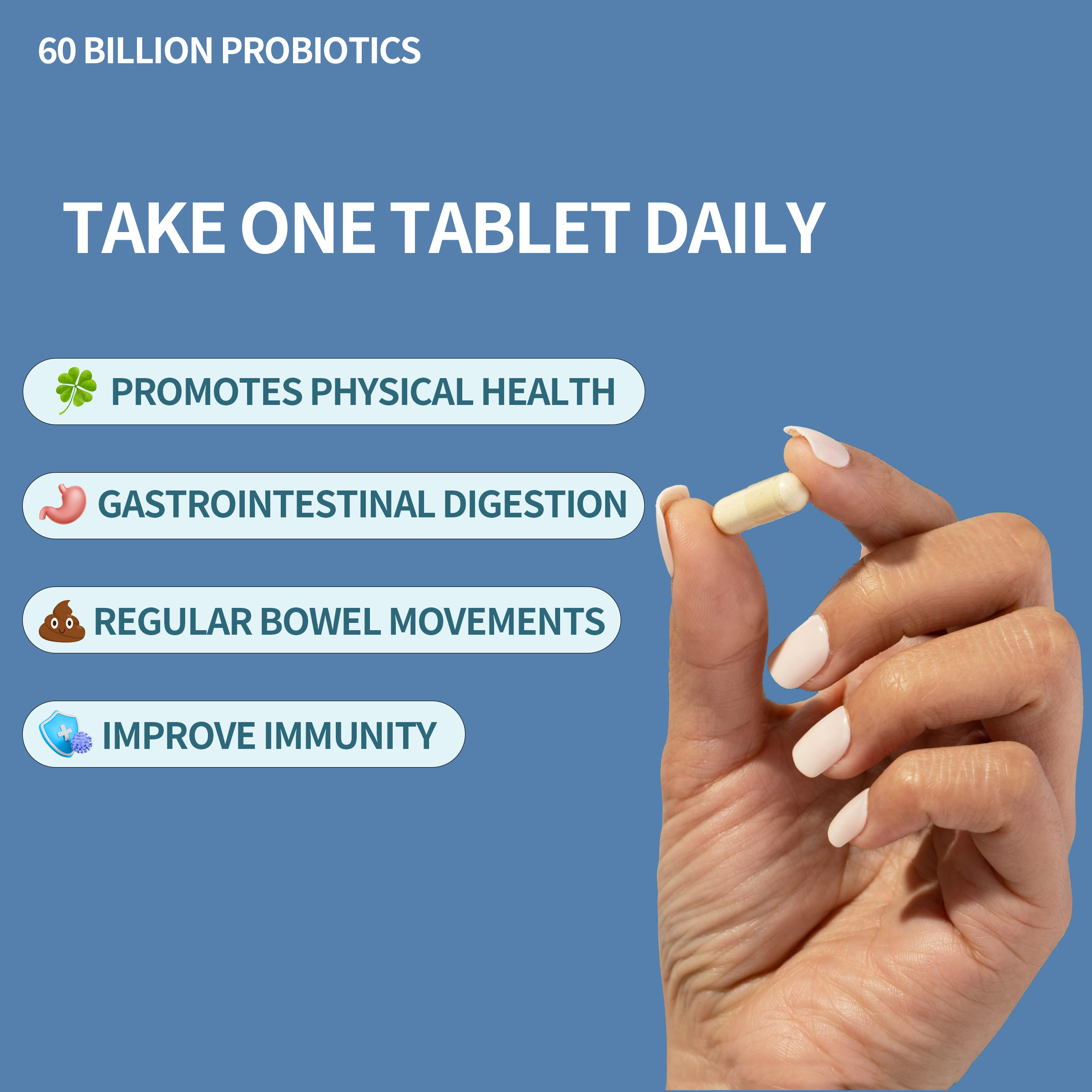 Probiotics, Relieve Bloating + Assist with Food Digestion. It Is A Probiotic Product Suitable for Both Men And Women.